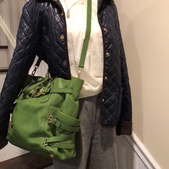 MICHAEL KORS Gansevoort Green Leather Crossbody Handbag Tote W Gold Accents - Picture 16 of 16